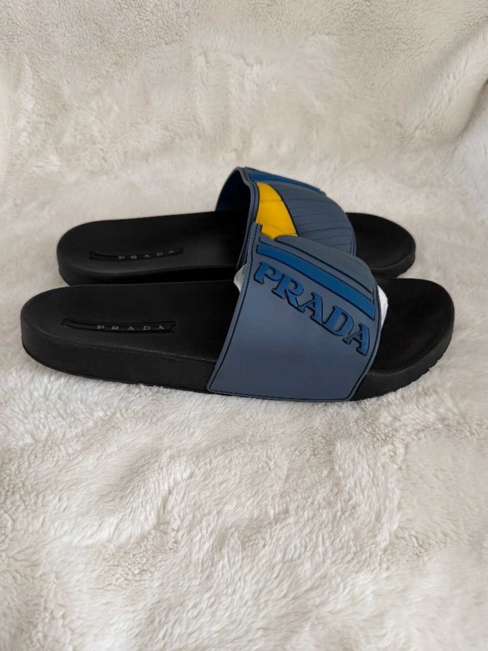 Prada Men's Blue & Yellow Rubber Logo Slides Sandals Size: 12 - Picture 5 of 14